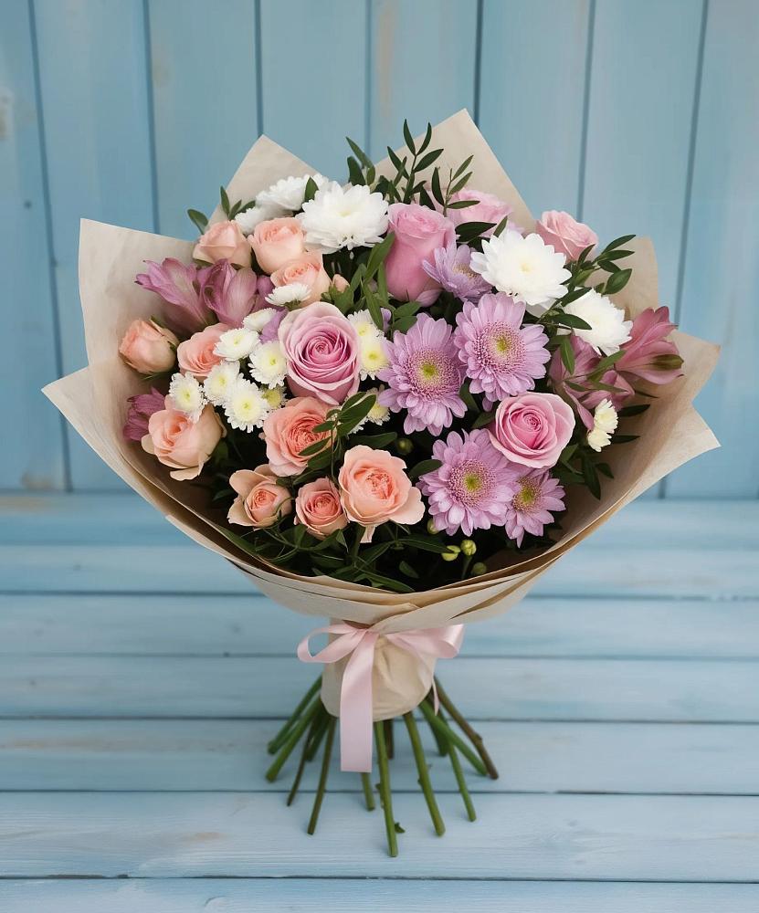 Букет цветов из: Хризантемы, Розы и Альстромерии в Леличи