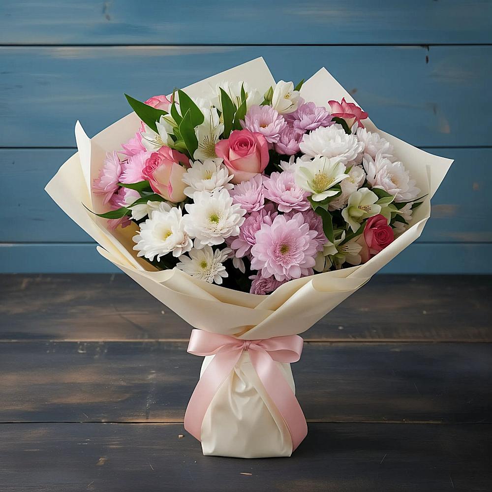 Букет цветов из: Хризантемы, Альстромерии и Розы в Леличи